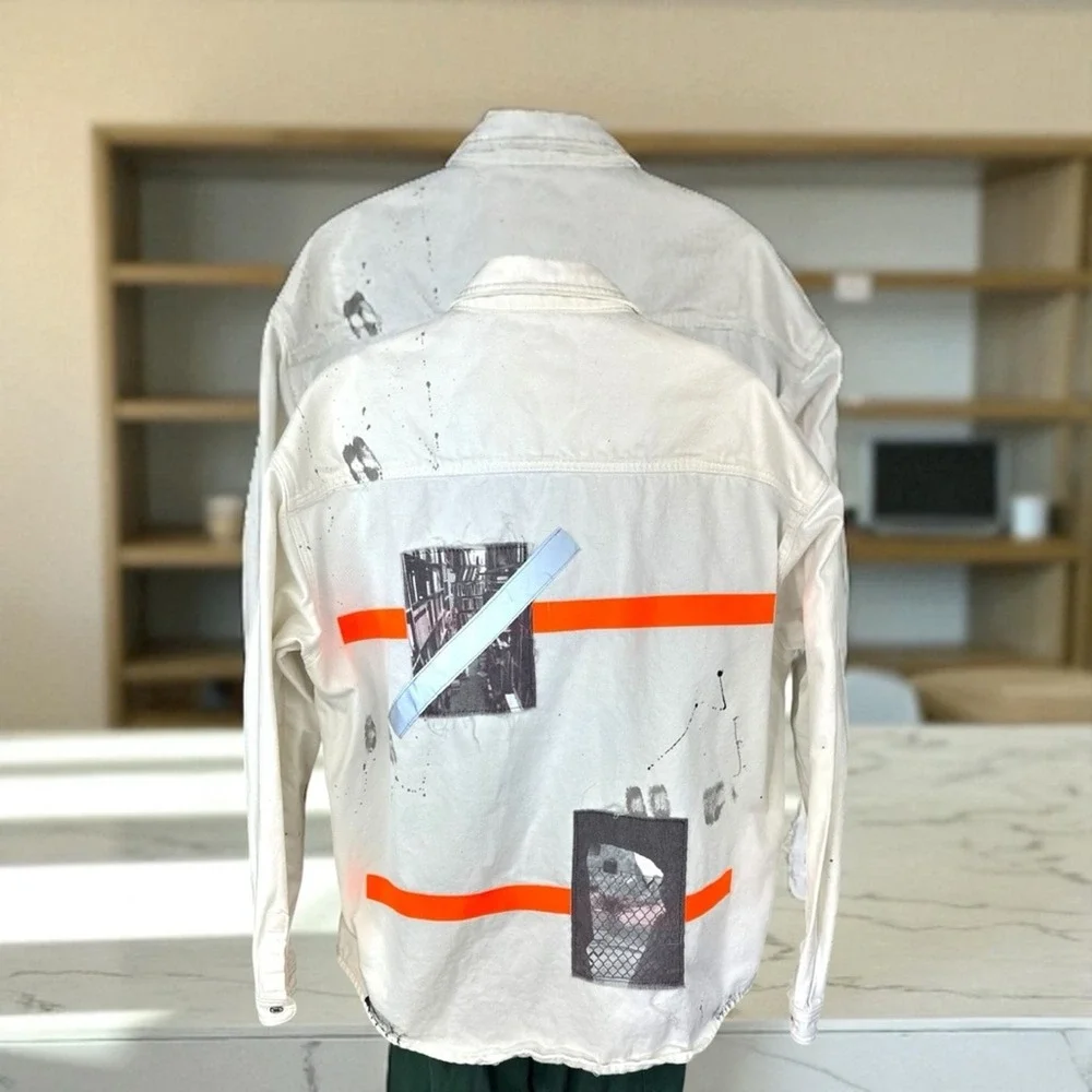Zara Men's Size XL White Denim oversized Jacket‎ w paint patches orange Accents